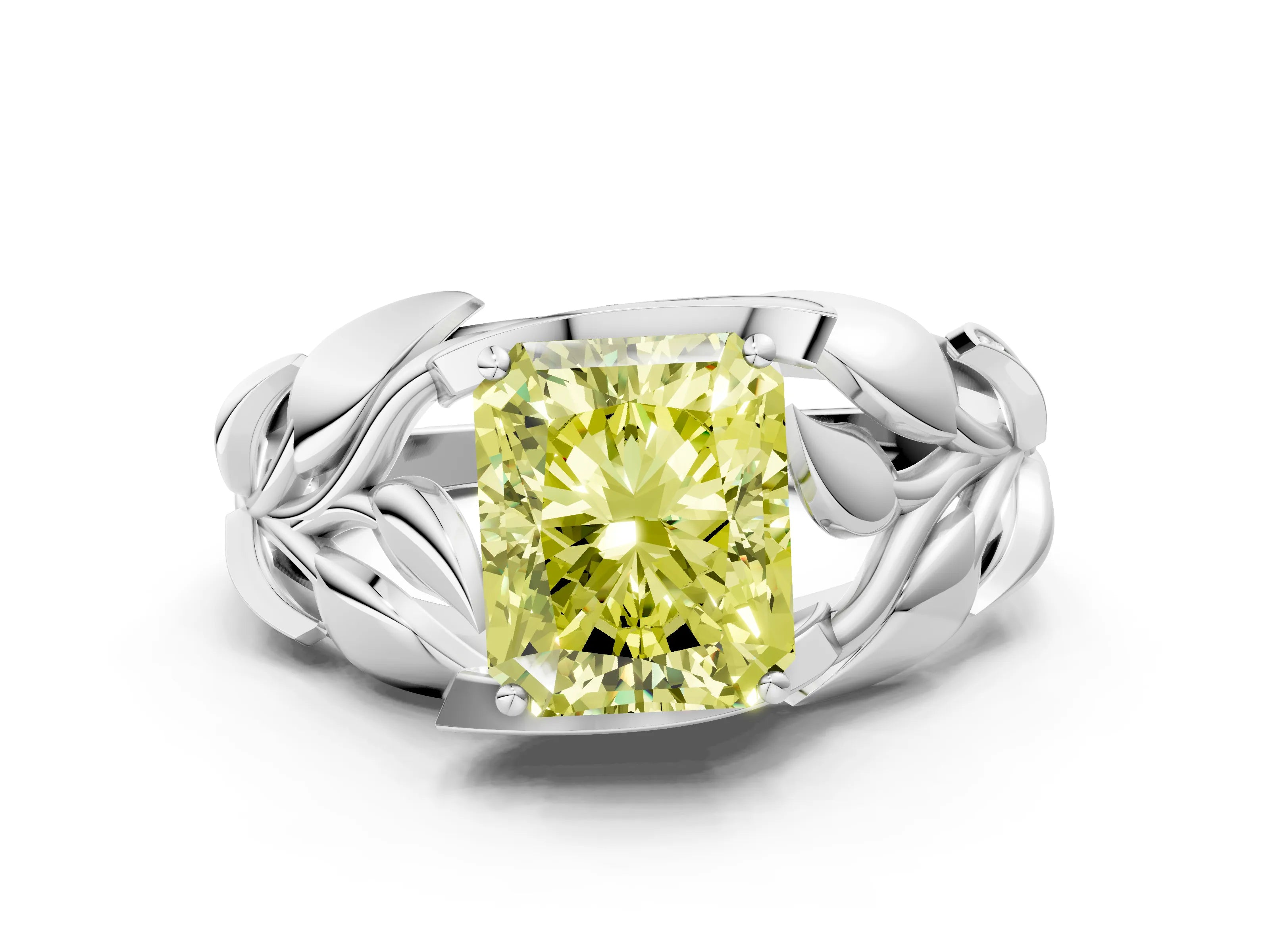 White gold Fancy Yellow Radiant Cut Solitaire Leaf-Inspired Engagement Ring with Prong Setting
