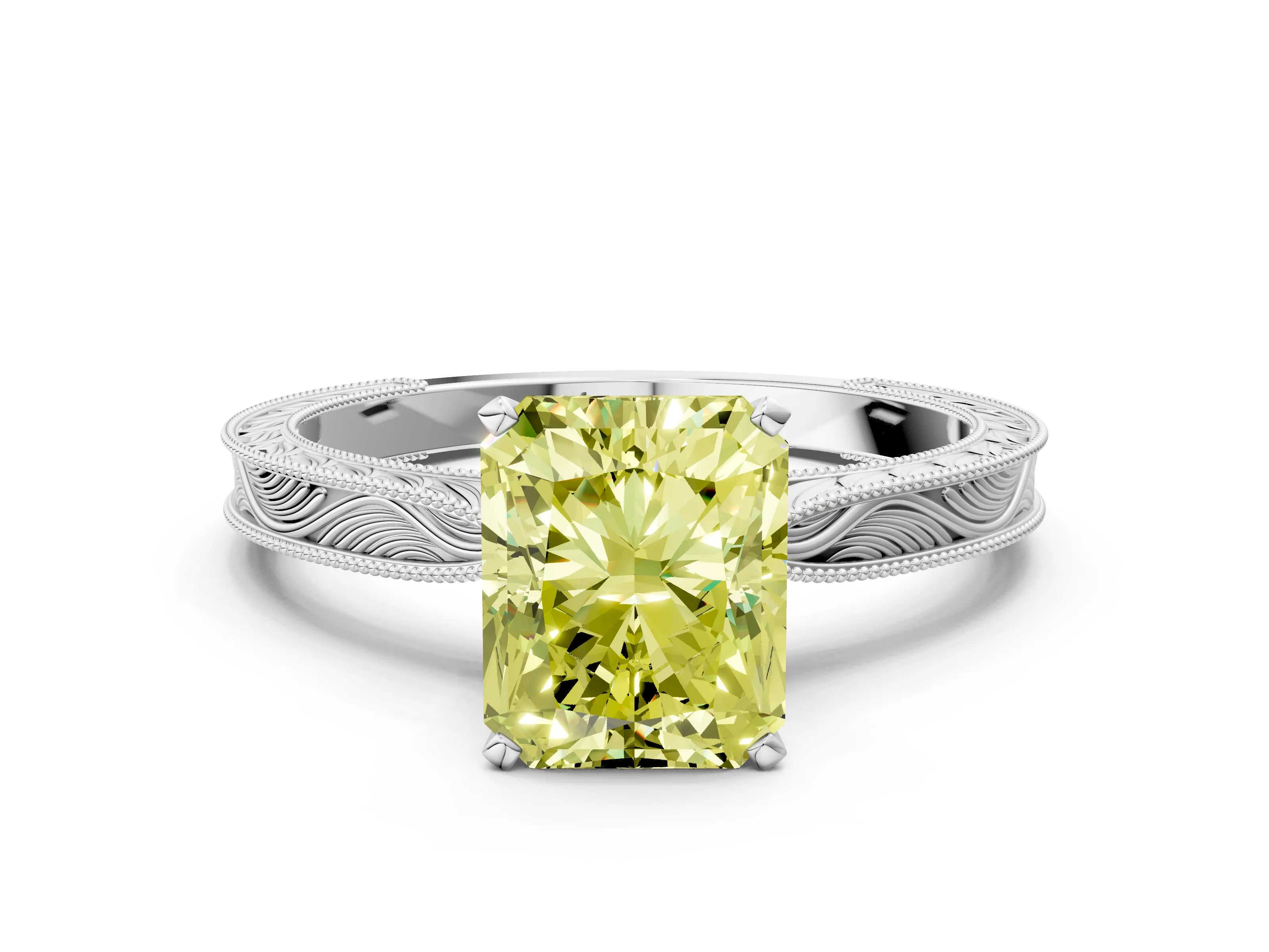 White gold Fancy Yellow Radiant Cut Solitaire Milgrain Engraved Band with Four-Prong Setting_12