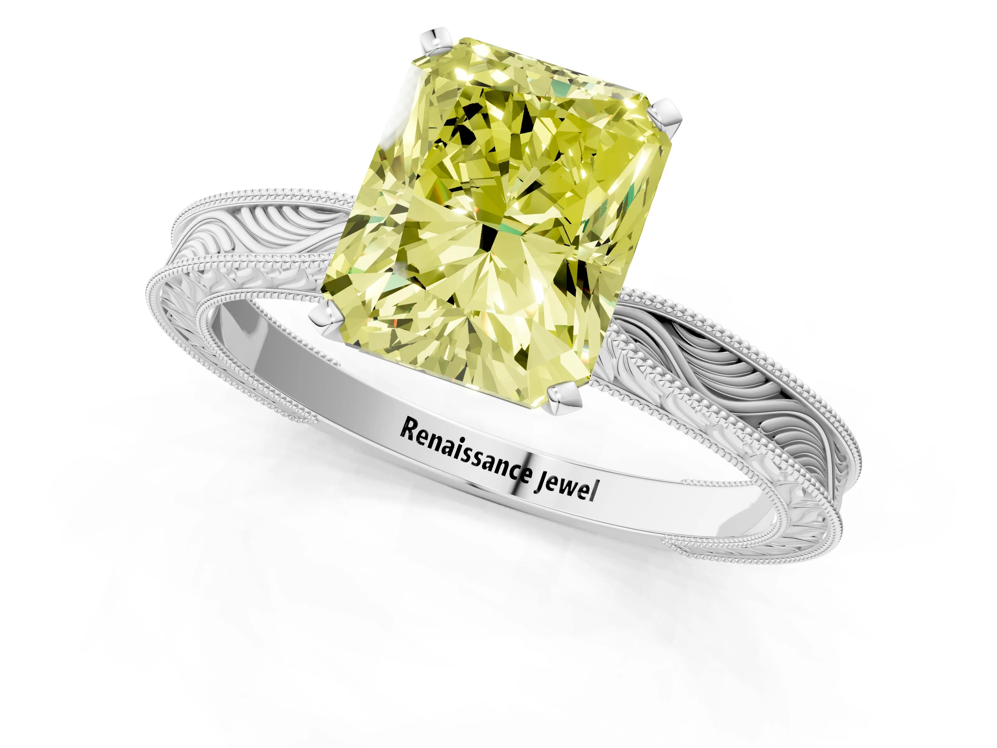 White gold Fancy Yellow Radiant Cut Solitaire Milgrain Engraved Band with Four-Prong Setting_13