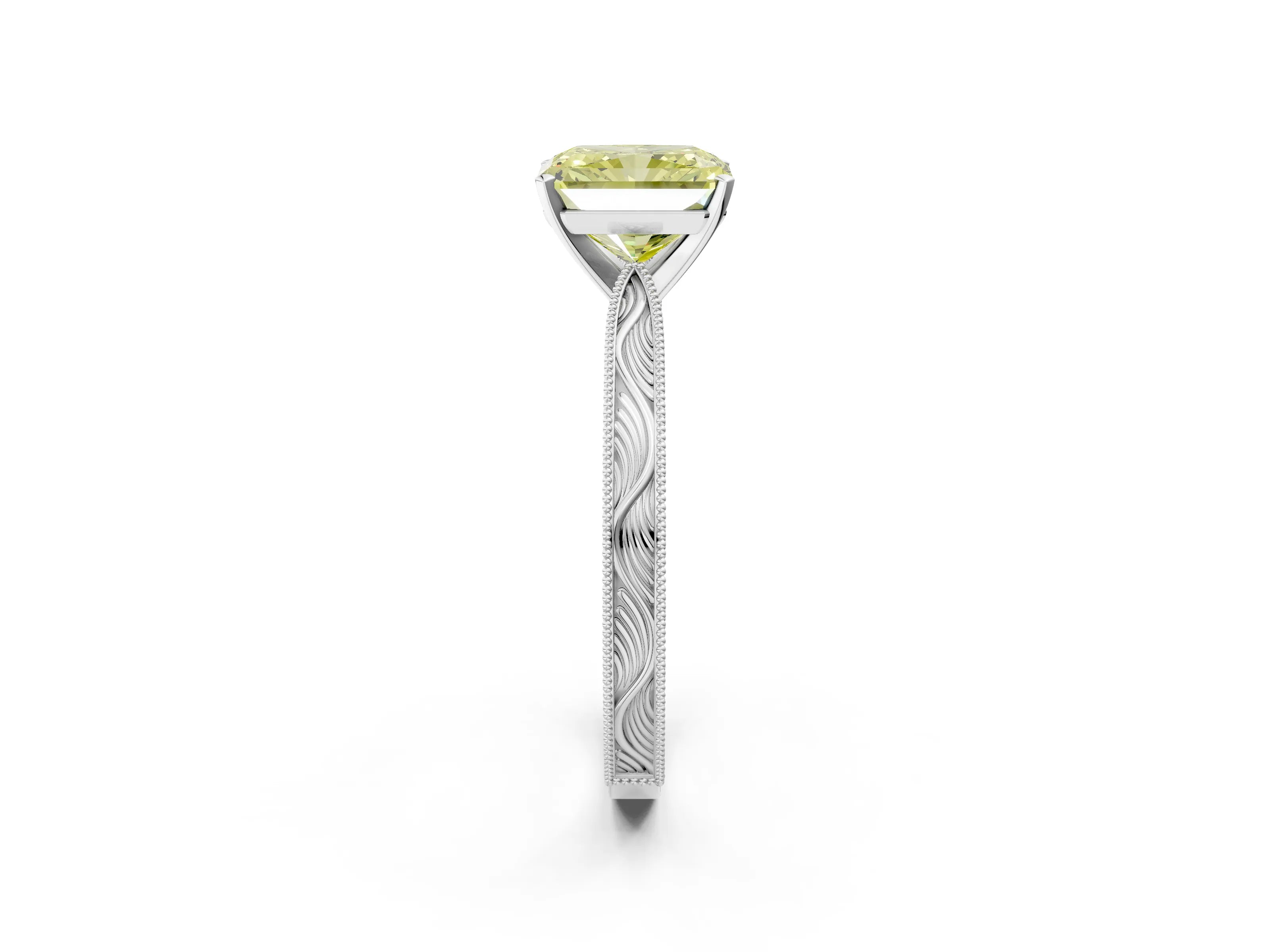 White gold Fancy Yellow Radiant Cut Solitaire Milgrain Engraved Band with Four-Prong Setting_14