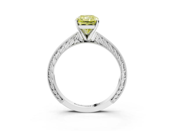 Platinum Radiant Cut Solitaire Engagement Ring Setting for Fancy Yellow Center with Engraved Band