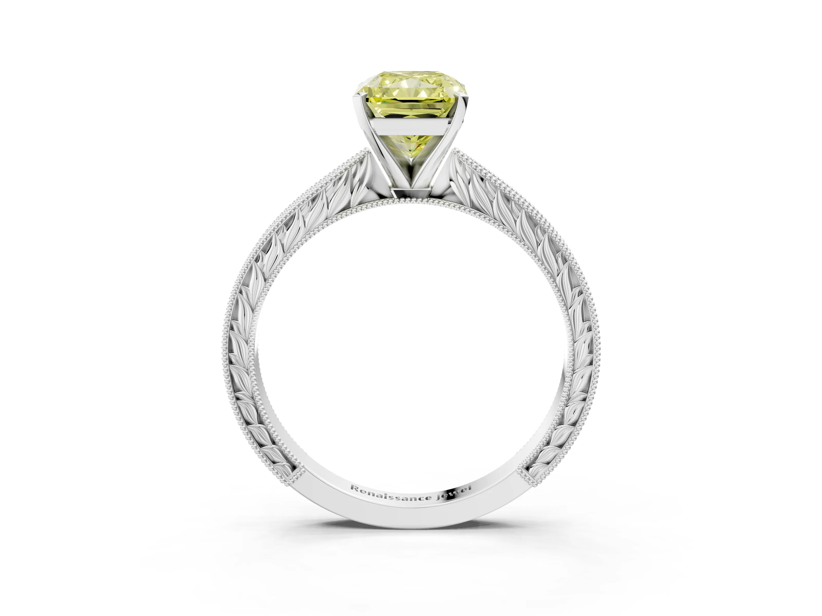 White gold Fancy Yellow Radiant Cut Solitaire Milgrain Engraved Band with Four-Prong Setting_15