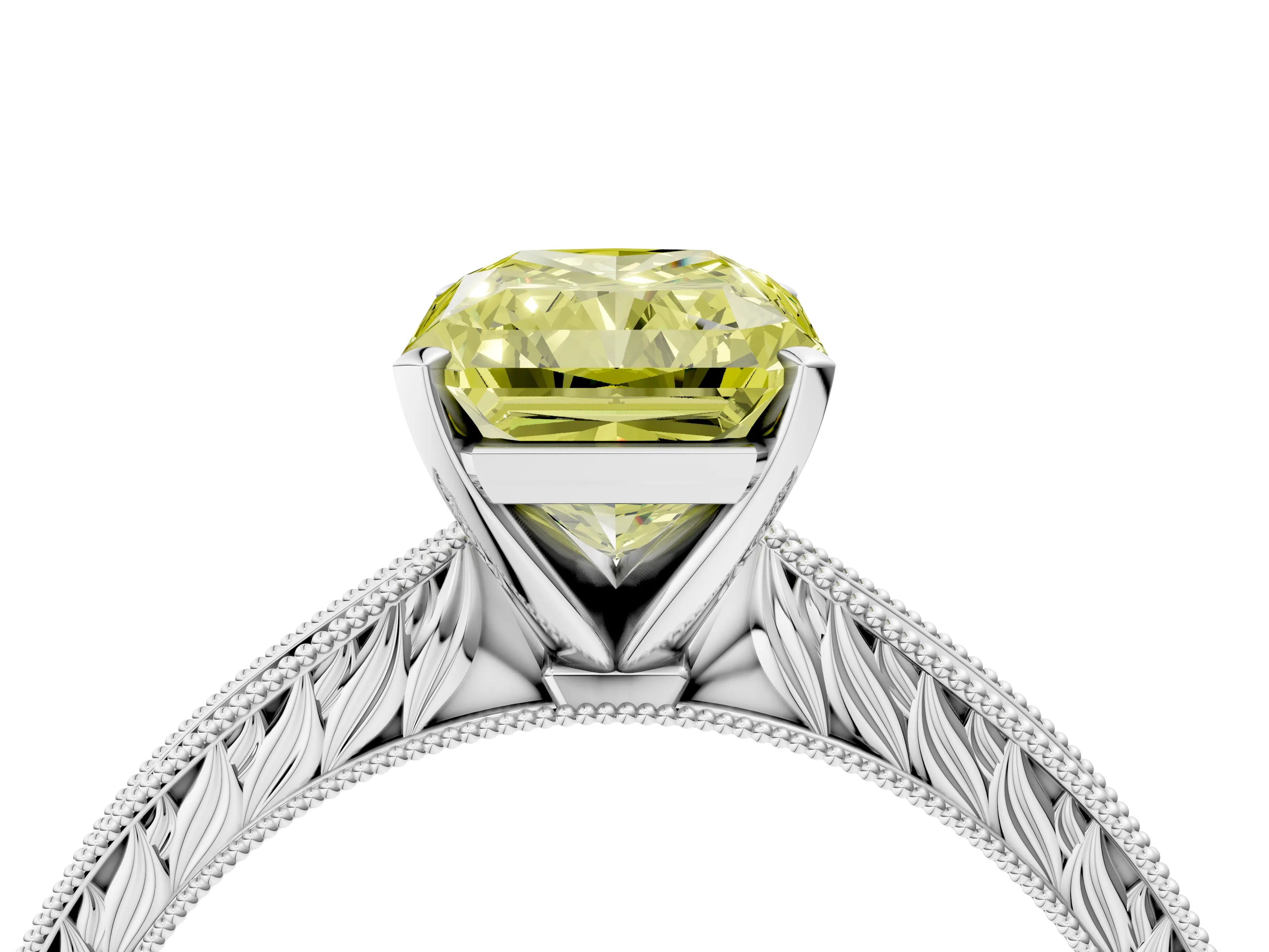White gold Fancy Yellow Radiant Cut Solitaire Milgrain Engraved Band with Four-Prong Setting_16
