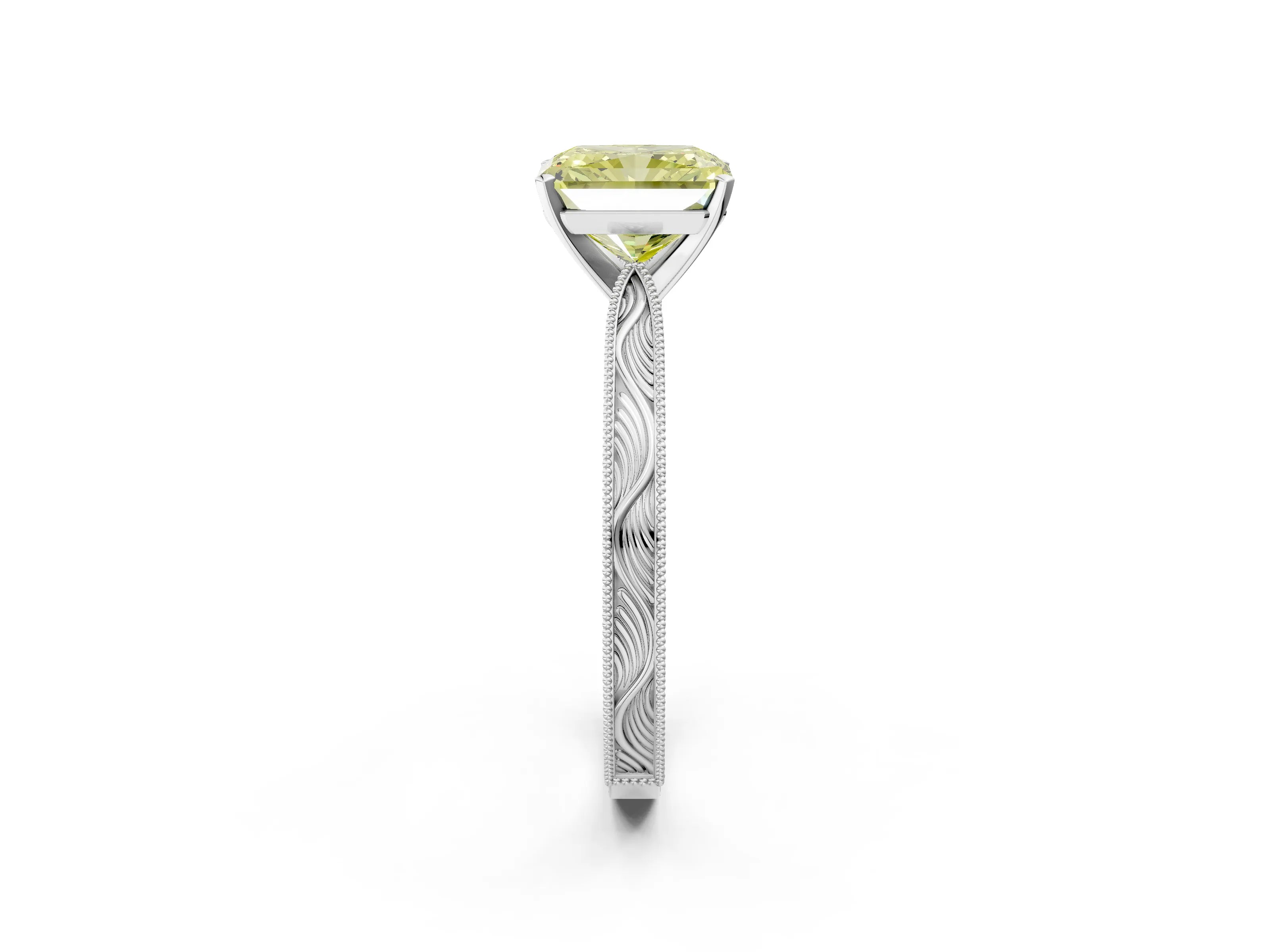 White gold Fancy Yellow Radiant Cut Solitaire Milgrain Engraved Band with Four-Prong Setting_2