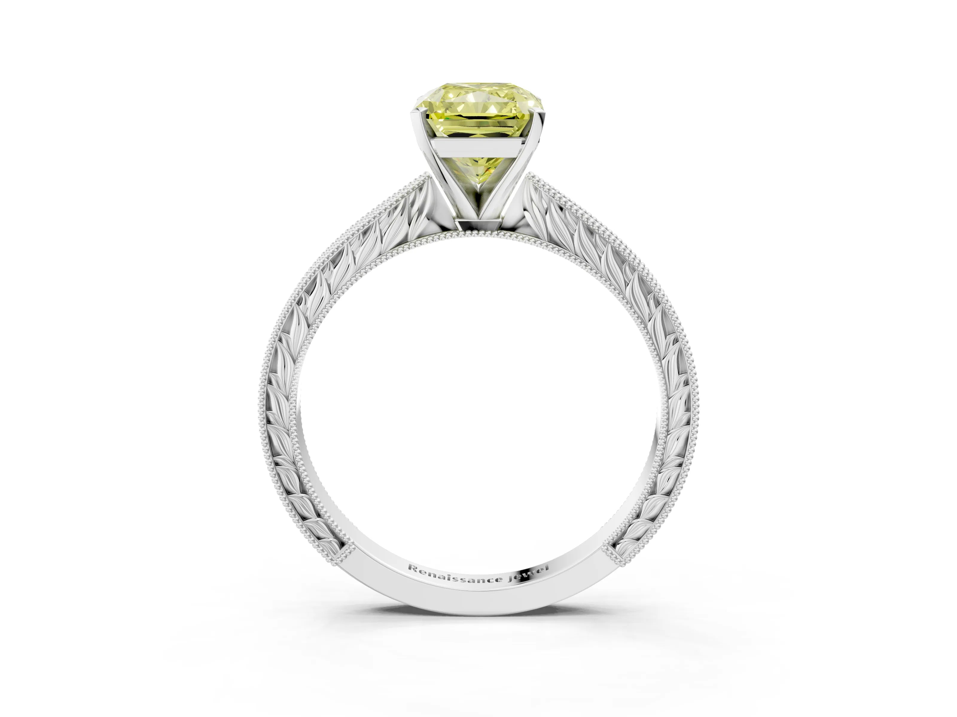 White gold Fancy Yellow Radiant Cut Solitaire Milgrain Engraved Band with Four-Prong Setting_3
