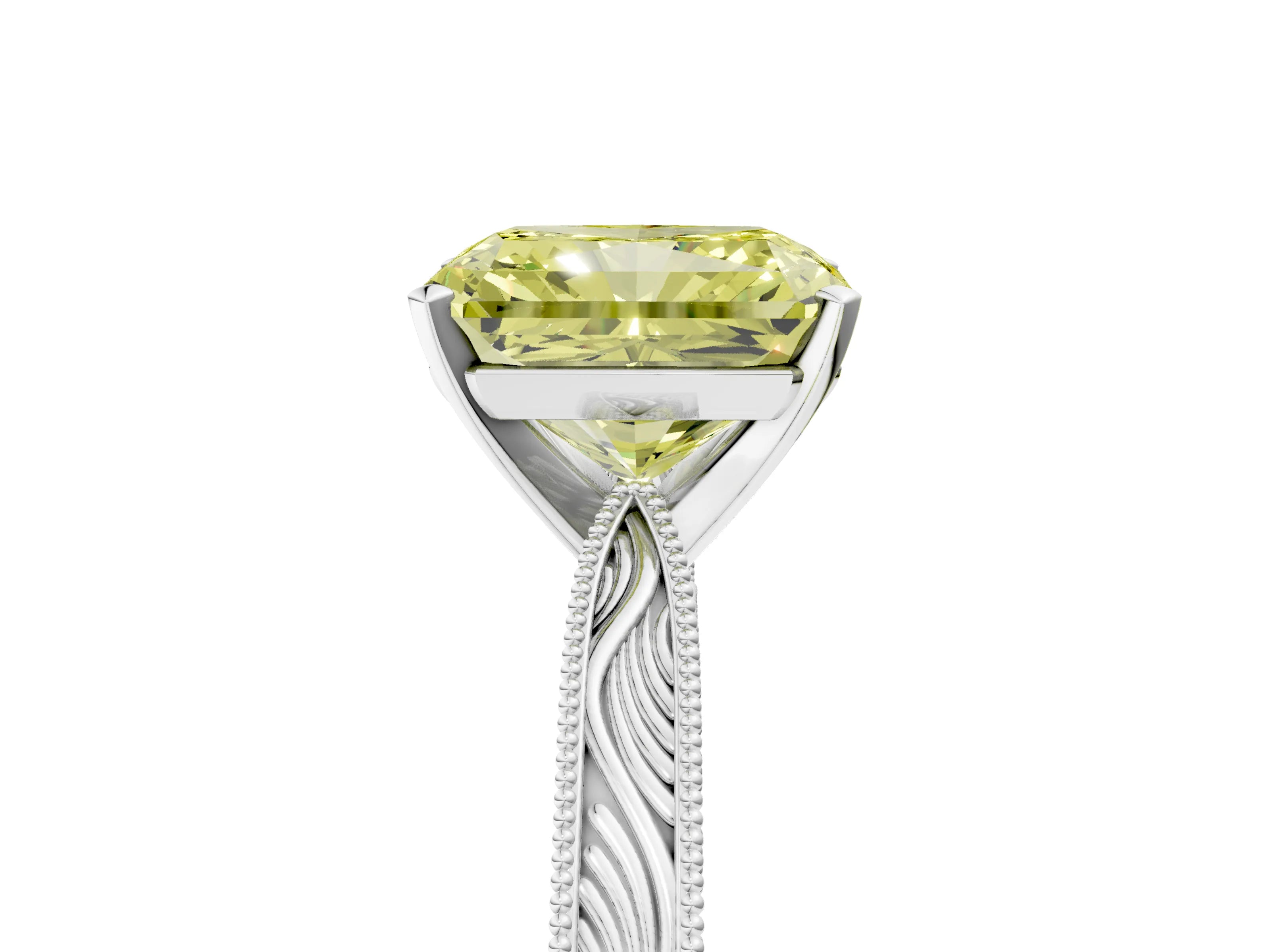 White gold Fancy Yellow Radiant Cut Solitaire Milgrain Engraved Band with Four-Prong Setting_5