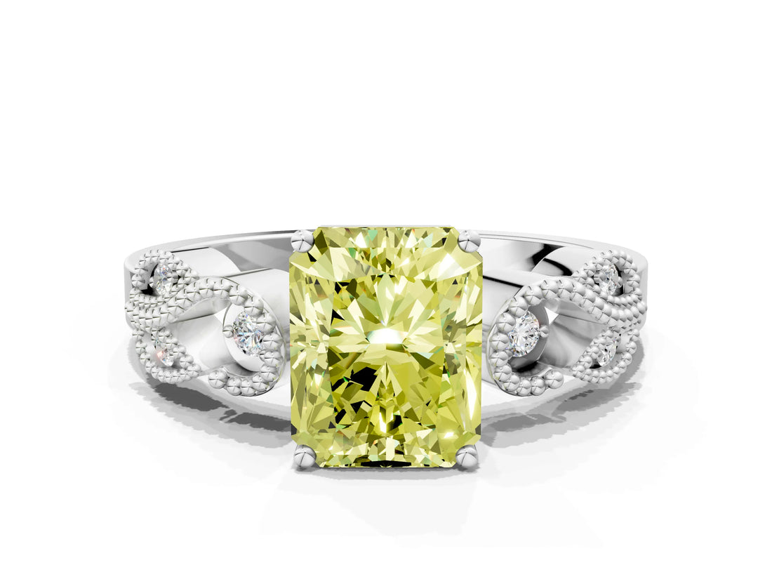 White gold Fancy Yellow Radiant Cut Solitaire Milgrain Leaf Band with Prong Setting_12