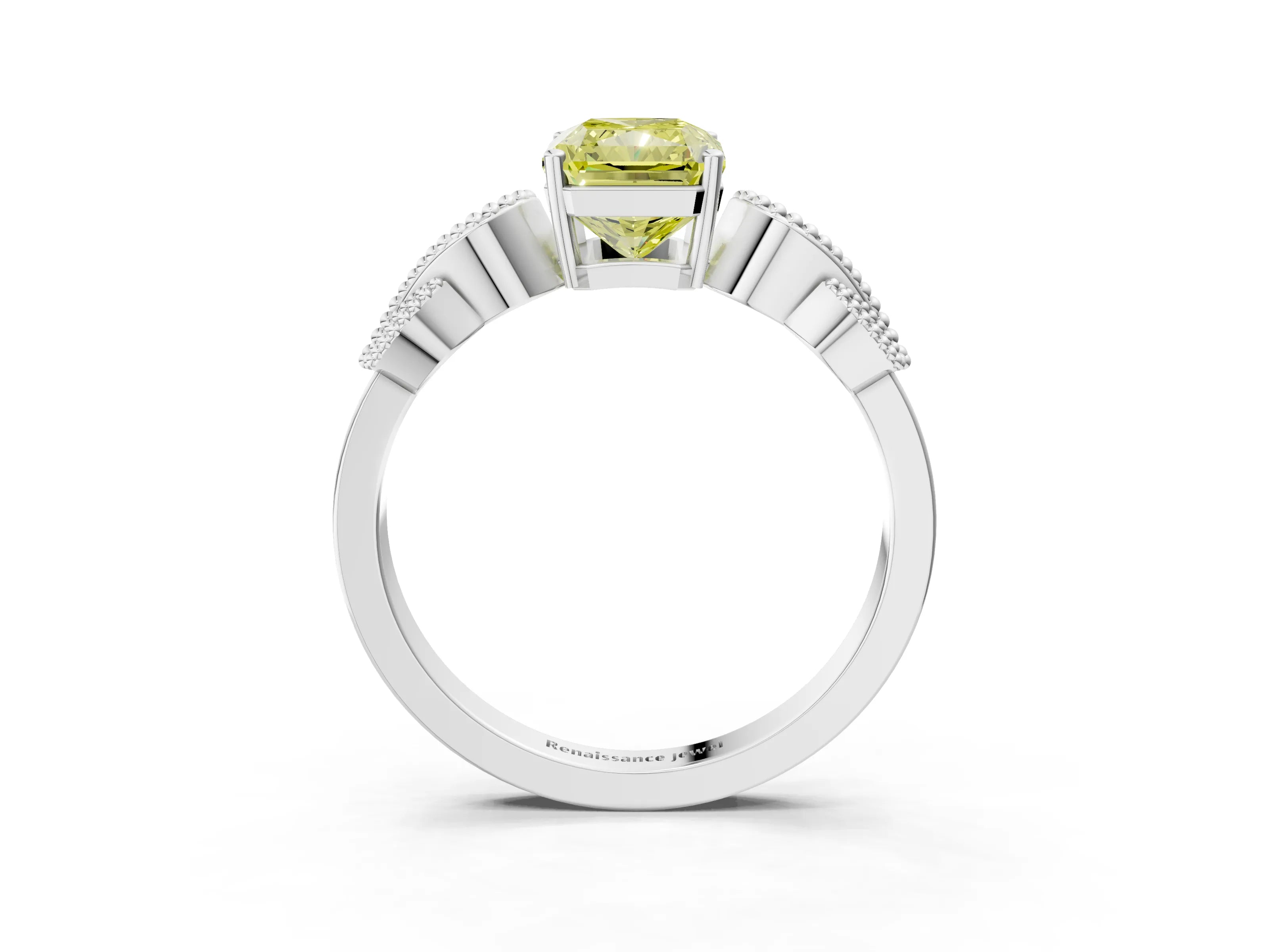 White gold Fancy Yellow Radiant Cut Solitaire Milgrain Leaf Band with Prong Setting_3