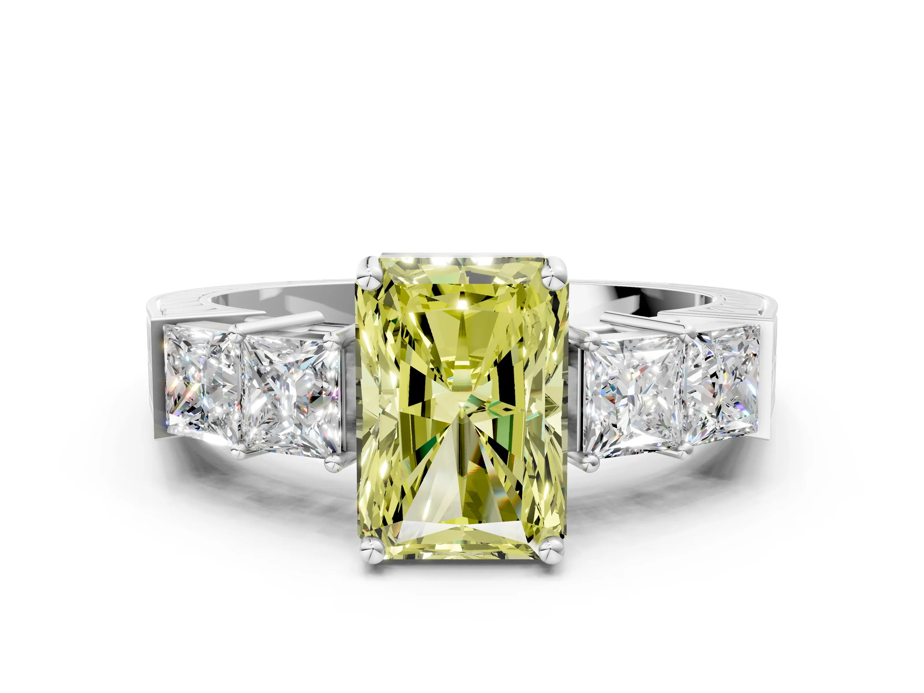 White gold Fancy Yellow Radiant Cut Solitaire Princess Side Stone Engraved Band Prong Setting Ring_12