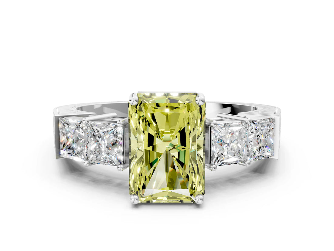 White gold Fancy Yellow Radiant Cut Solitaire Princess Side Stone Engraved Band Prong Setting Ring_12