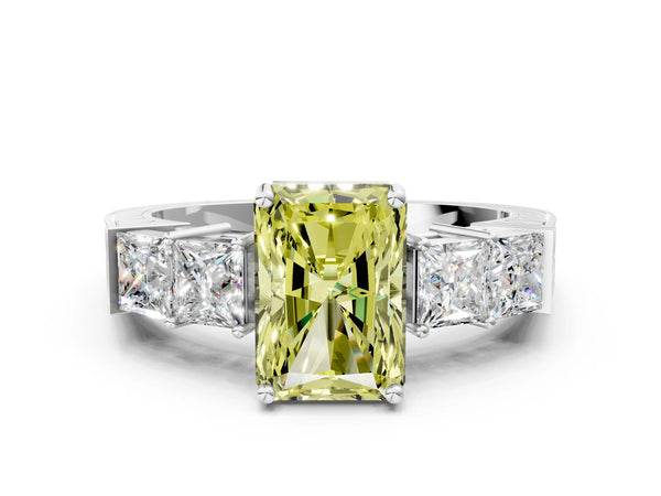White gold Fancy Yellow Radiant Cut Solitaire Princess Side Stone Engraved Band Prong Setting Ring