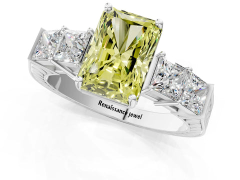 White gold Fancy Yellow Radiant Cut Solitaire Princess Side Stone Engraved Band Prong Setting Ring_13