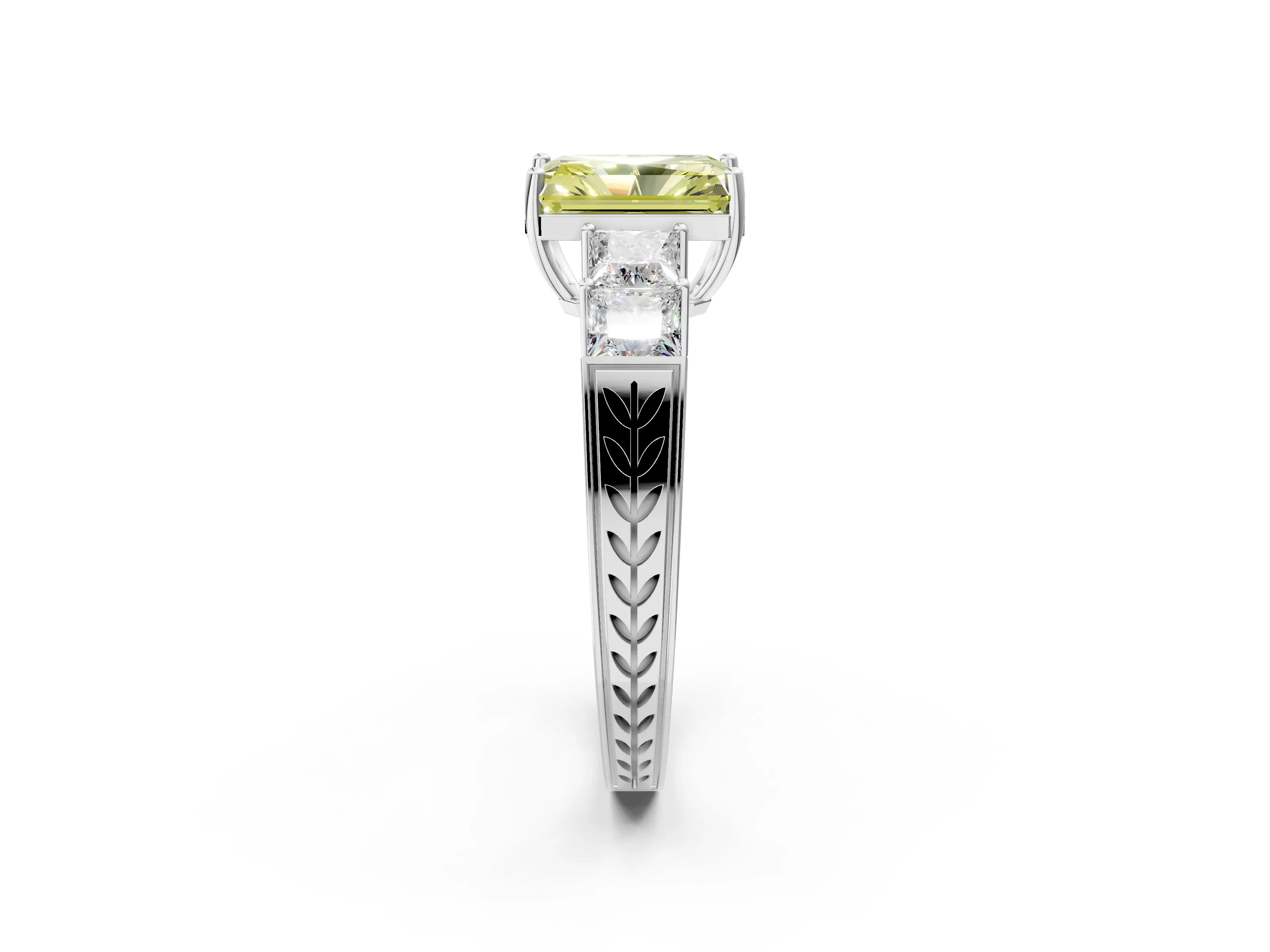 White gold Fancy Yellow Radiant Cut Solitaire Princess Side Stone Engraved Band Prong Setting Ring_14