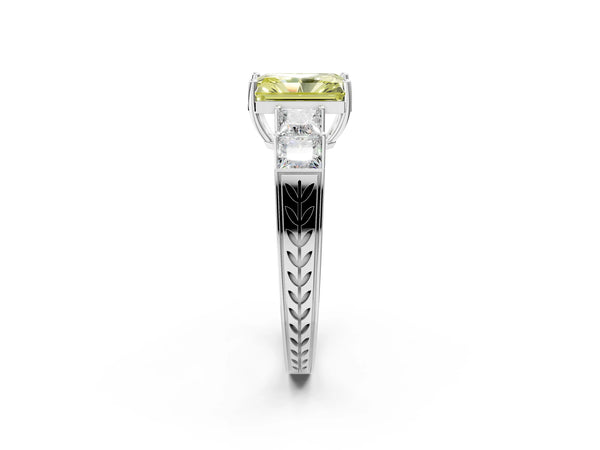 White gold Fancy Yellow Radiant Cut Solitaire Princess Side Stone Engraved Band Prong Setting Ring