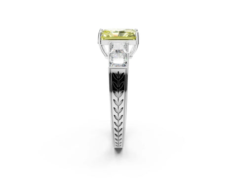 White gold Fancy Yellow Radiant Cut Solitaire Princess Side Stone Engraved Band Prong Setting Ring_14