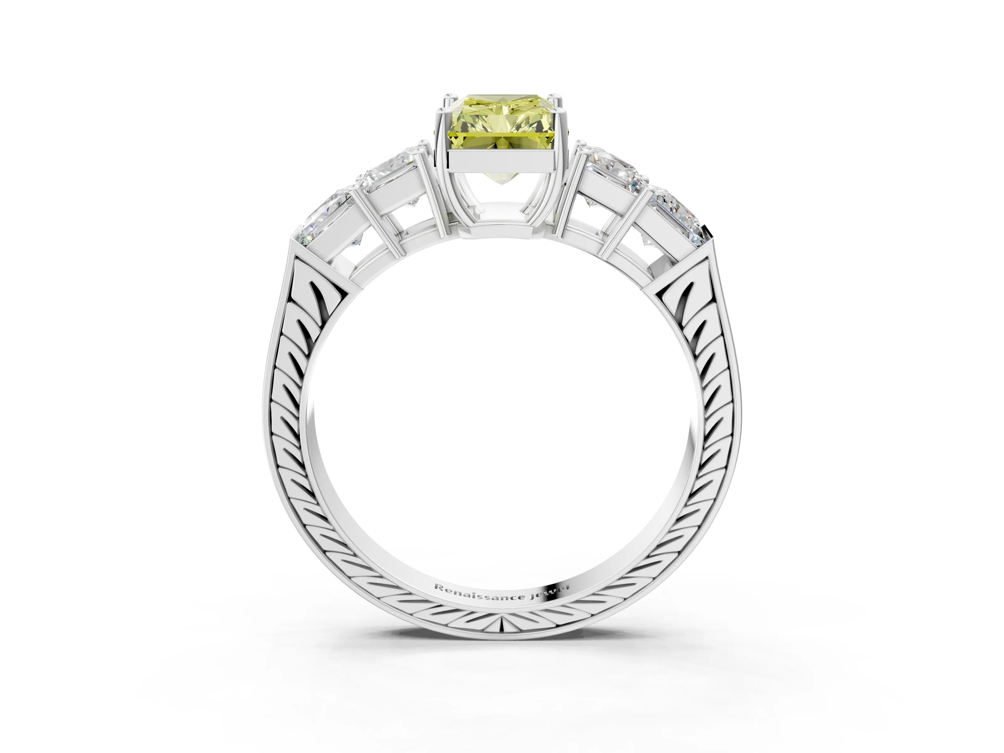 White gold Fancy Yellow Radiant Cut Solitaire Princess Side Stone Engraved Band Prong Setting Ring_15
