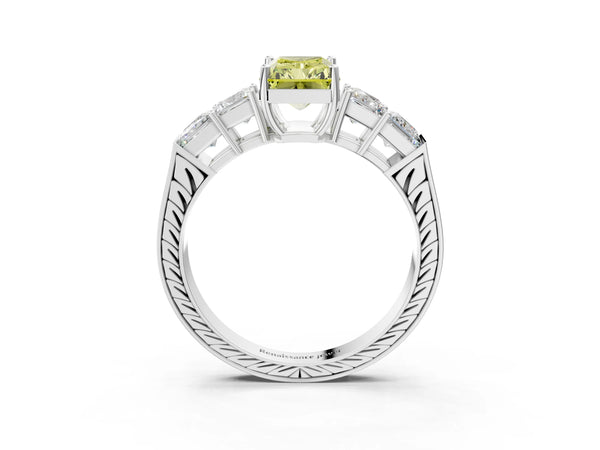 White gold Fancy Yellow Radiant Cut Solitaire Princess Side Stone Engraved Band Prong Setting Ring