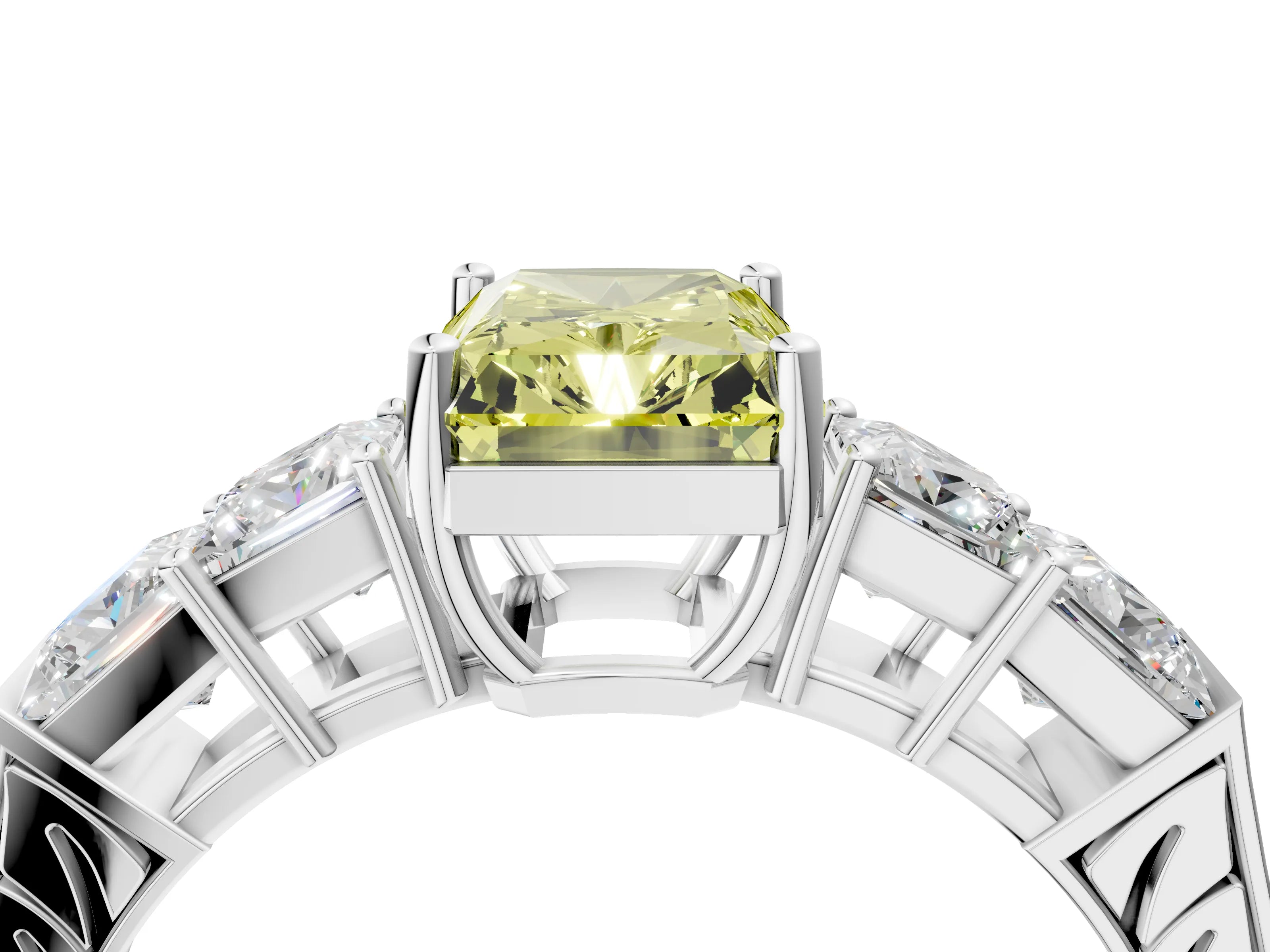 White gold Fancy Yellow Radiant Cut Solitaire Princess Side Stone Engraved Band Prong Setting Ring_16