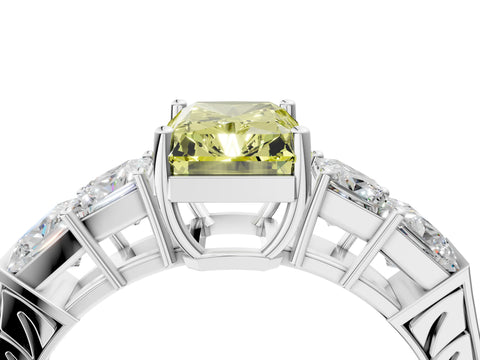 White gold Fancy Yellow Radiant Cut Solitaire Princess Side Stone Engraved Band Prong Setting Ring_16