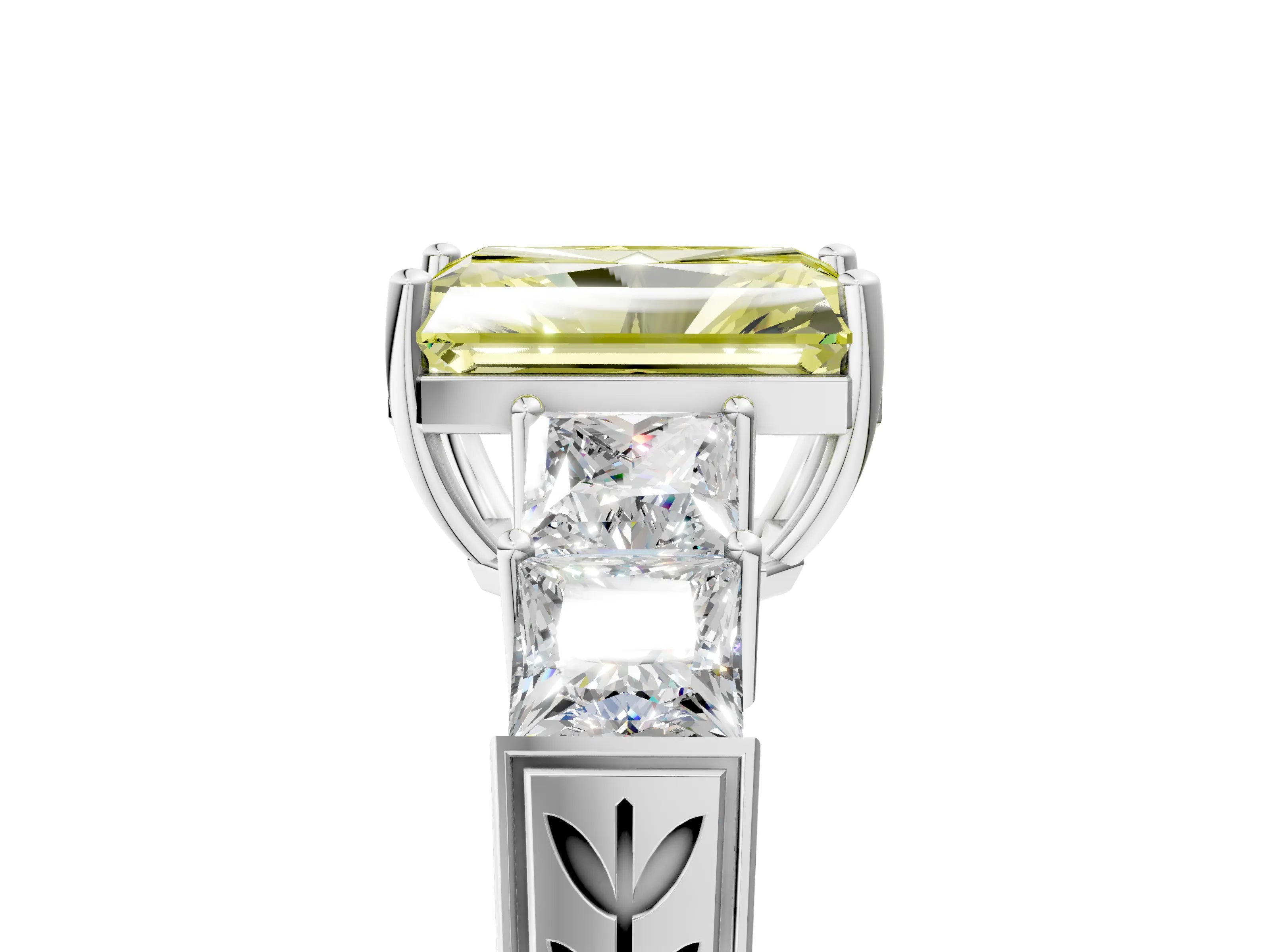 White gold Fancy Yellow Radiant Cut Solitaire Princess Side Stone Engraved Band Prong Setting Ring_17