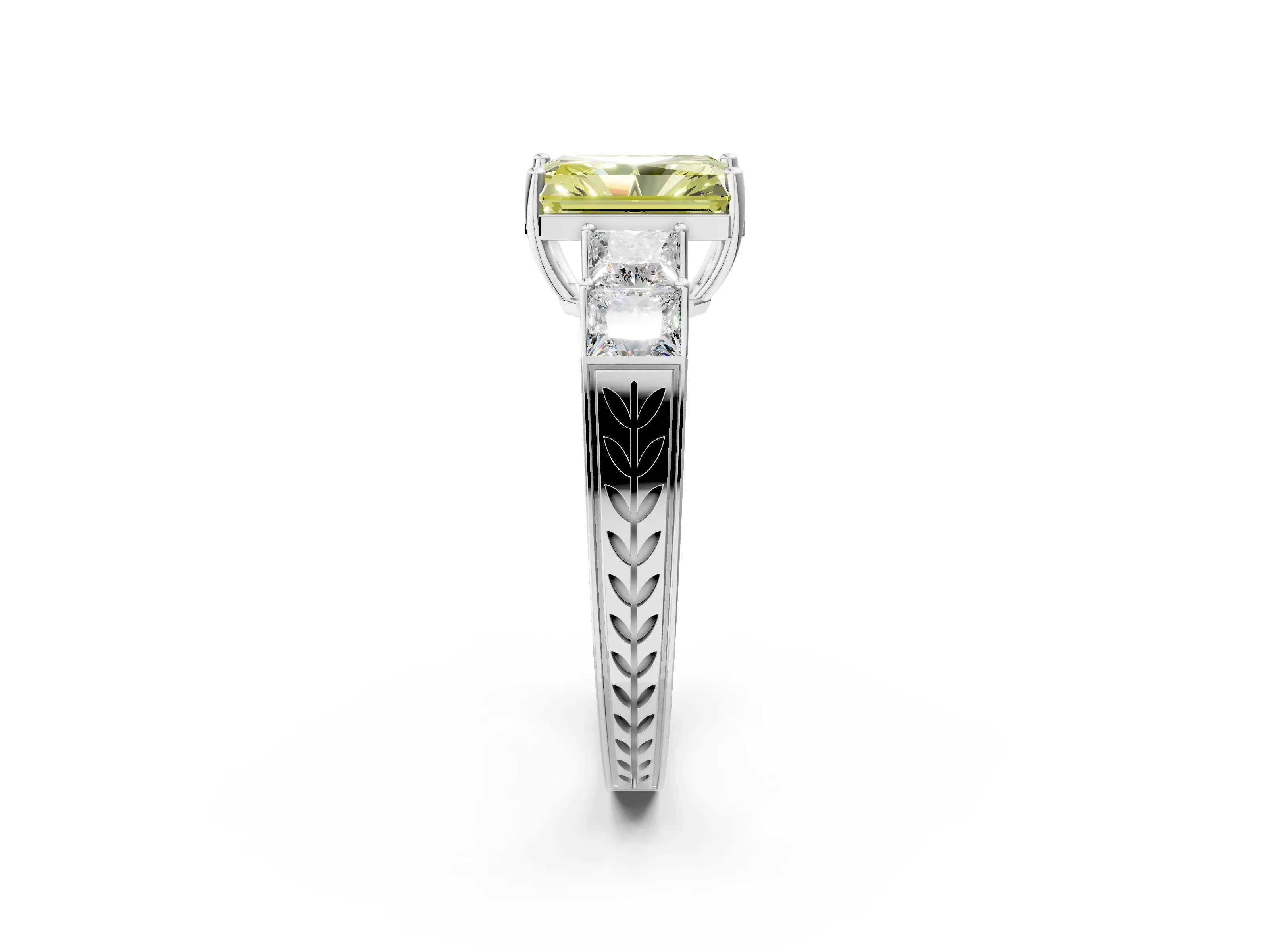 White gold Fancy Yellow Radiant Cut Solitaire Princess Side Stone Engraved Band Prong Setting Ring_2