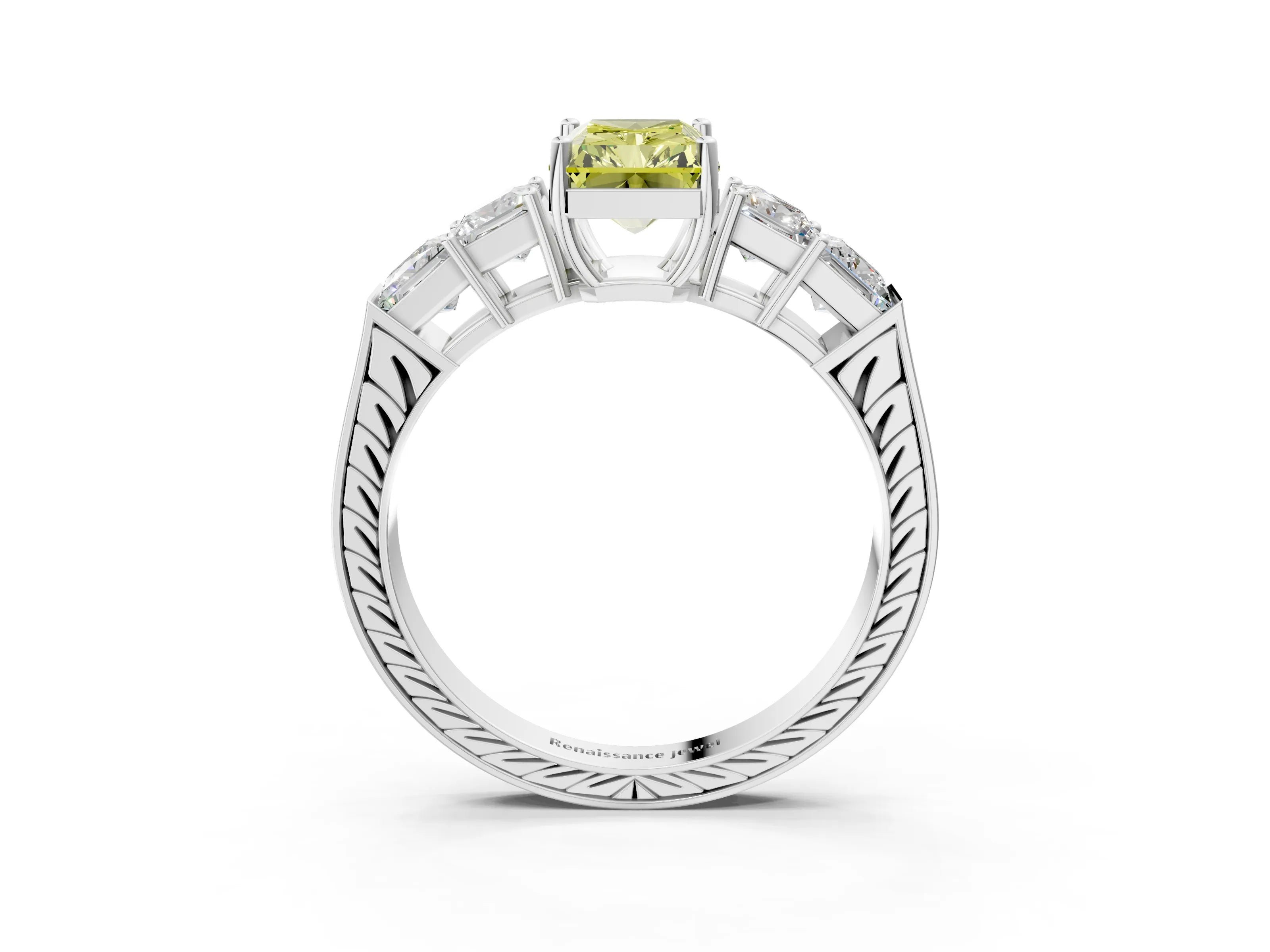 White gold Fancy Yellow Radiant Cut Solitaire Princess Side Stone Engraved Band Prong Setting Ring_3