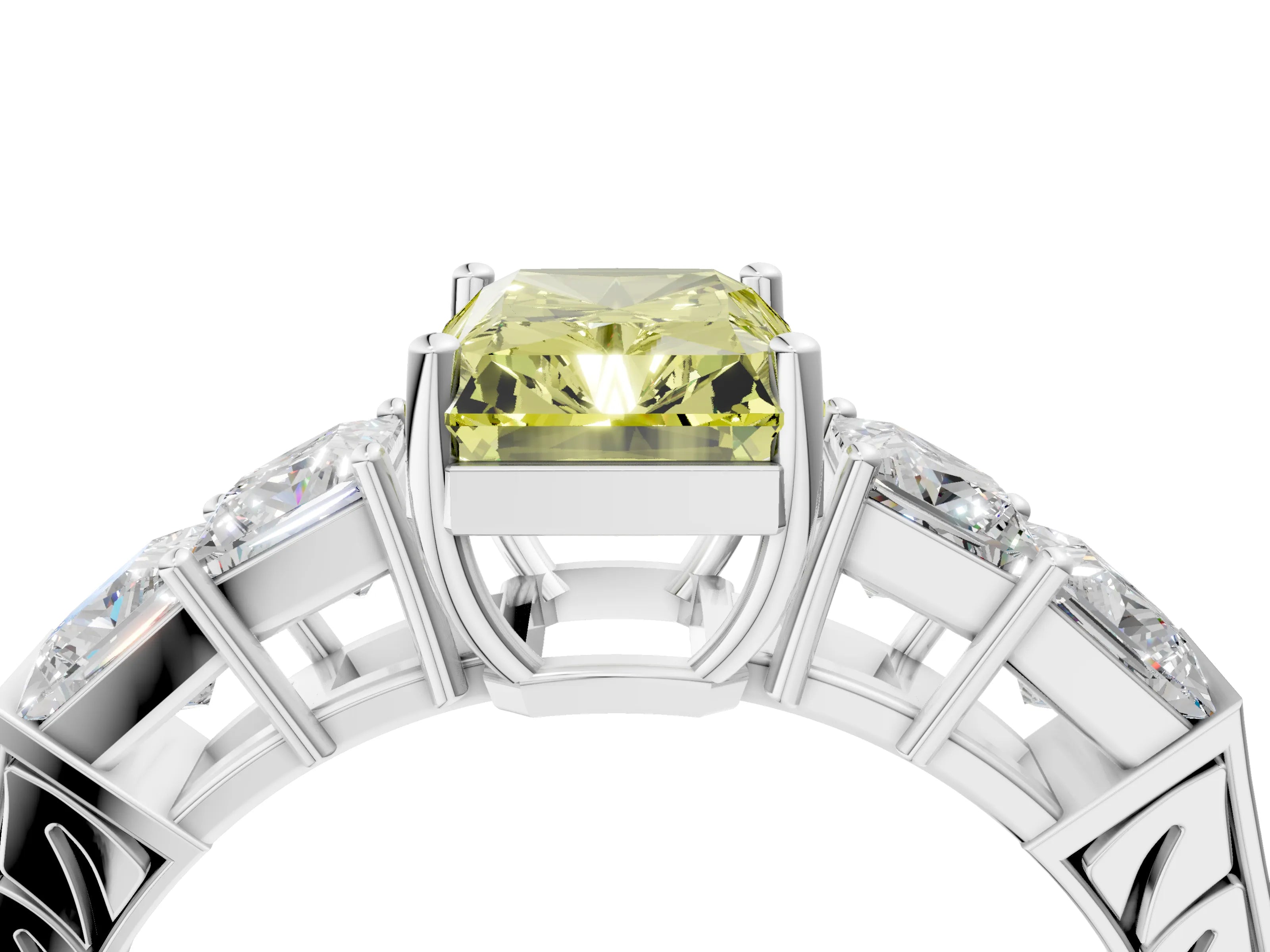 White gold Fancy Yellow Radiant Cut Solitaire Princess Side Stone Engraved Band Prong Setting Ring_4