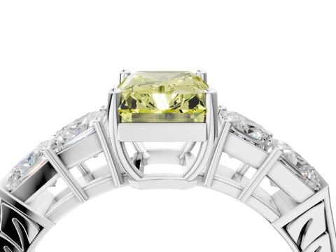 White gold Fancy Yellow Radiant Cut Solitaire Princess Side Stone Engraved Band Prong Setting Ring_4