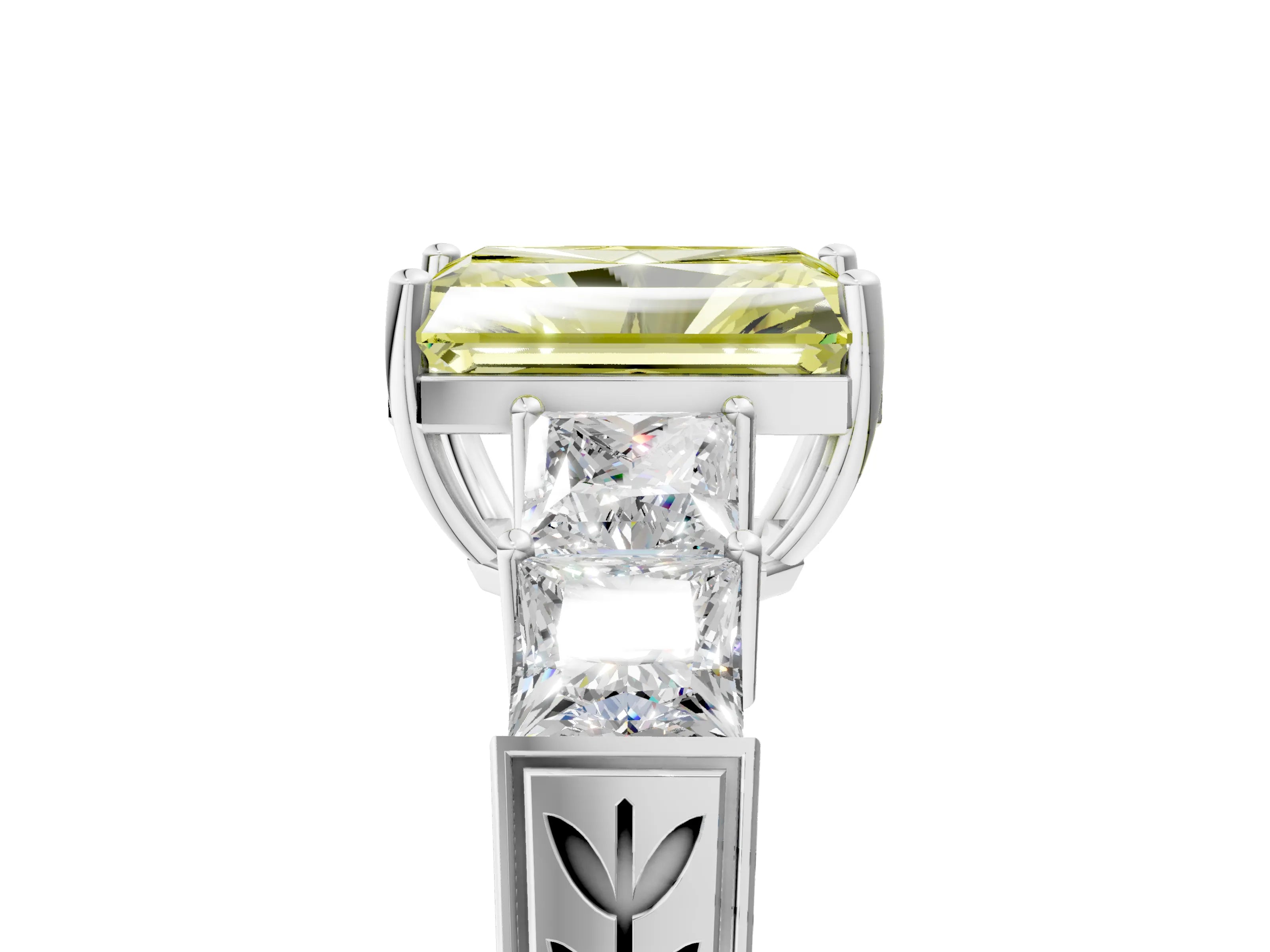 White gold Fancy Yellow Radiant Cut Solitaire Princess Side Stone Engraved Band Prong Setting Ring_5