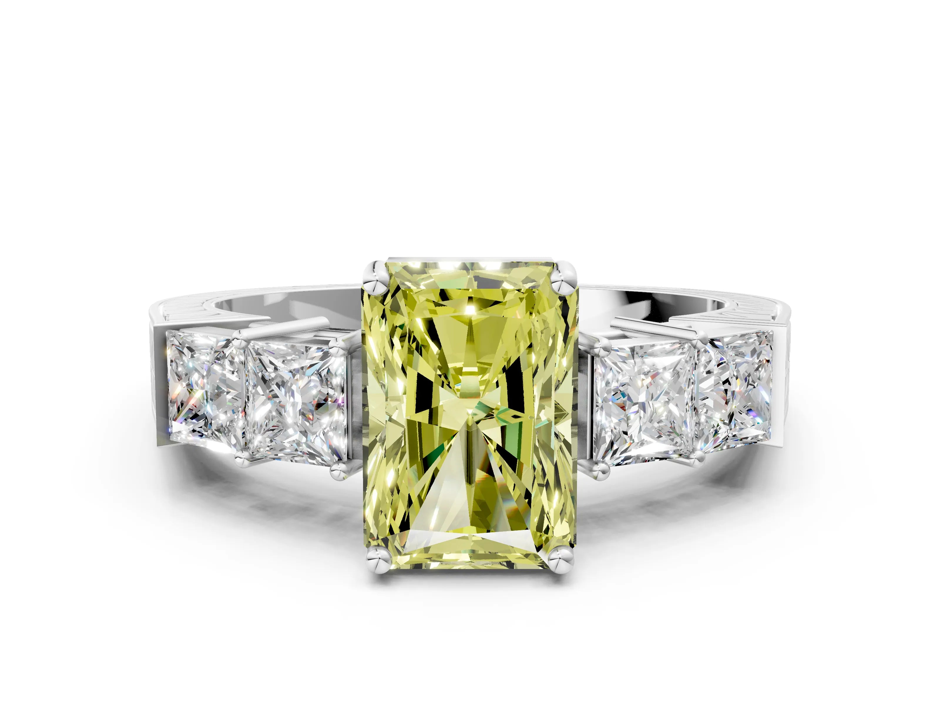 White gold Fancy Yellow Radiant Cut Solitaire Princess Side Stone Engraved Band Prong Setting Ring