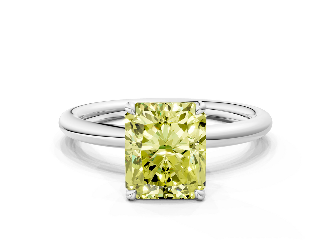 White gold Fancy Yellow Radiant  Cut Solitaire Ring with Thin Band and Four-Prong Setting_16