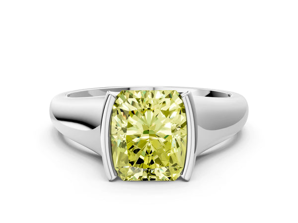 White gold Fancy Yellow Radiant Cut Solitaire Tension Set Diamond Ring with Split Shank Band