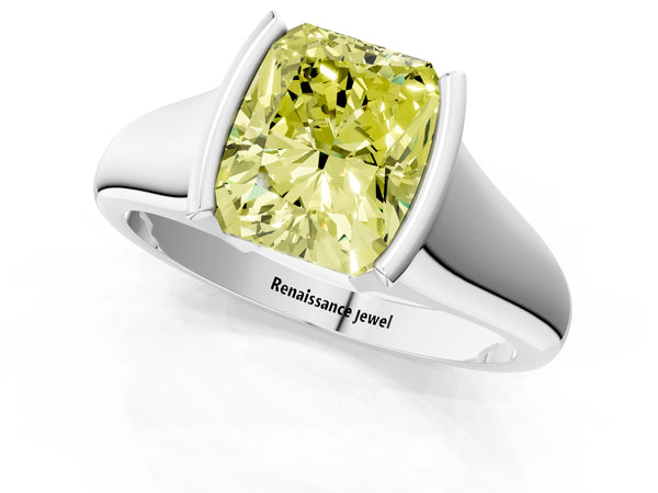 White gold Fancy Yellow Radiant Cut Solitaire Tension Set Diamond Ring with Split Shank Band