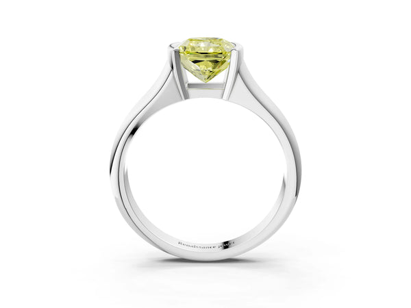 White gold Fancy Yellow Radiant Cut Solitaire Tension Set Diamond Ring with Split Shank Band