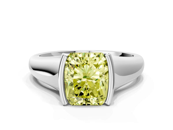 White gold Fancy Yellow Radiant Cut Solitaire Tension Set Diamond Ring with Split Shank Band