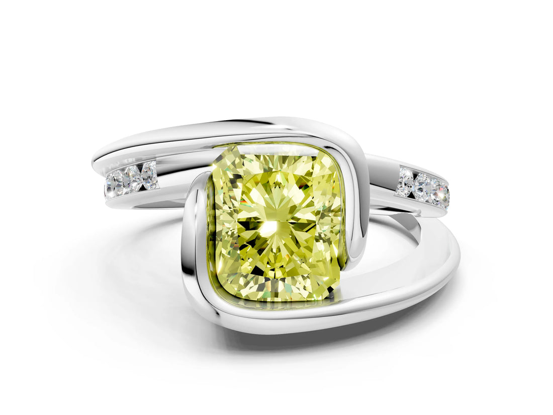 White gold Fancy Yellow Radiant Cut Solitaire Tension-Set Diamond Split Shank Ring