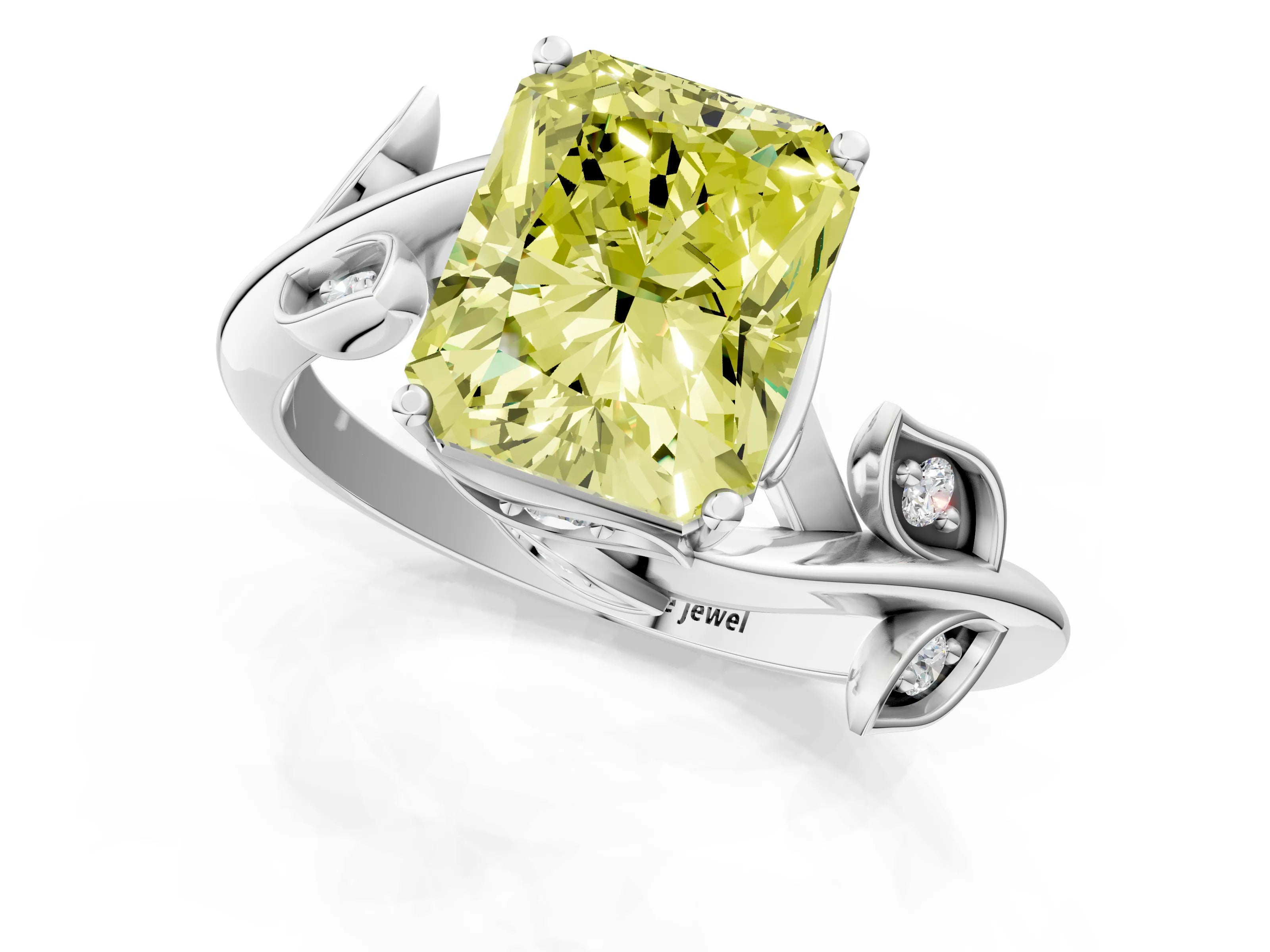 White gold Fancy Yellow Radiant Cut Solitaire Twist Engagement Ring with Leaf Accents and Prong Setting_13