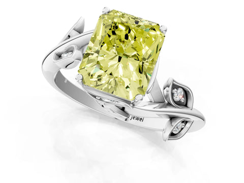 White gold Fancy Yellow Radiant Cut Solitaire Twist Engagement Ring with Leaf Accents and Prong Setting_13
