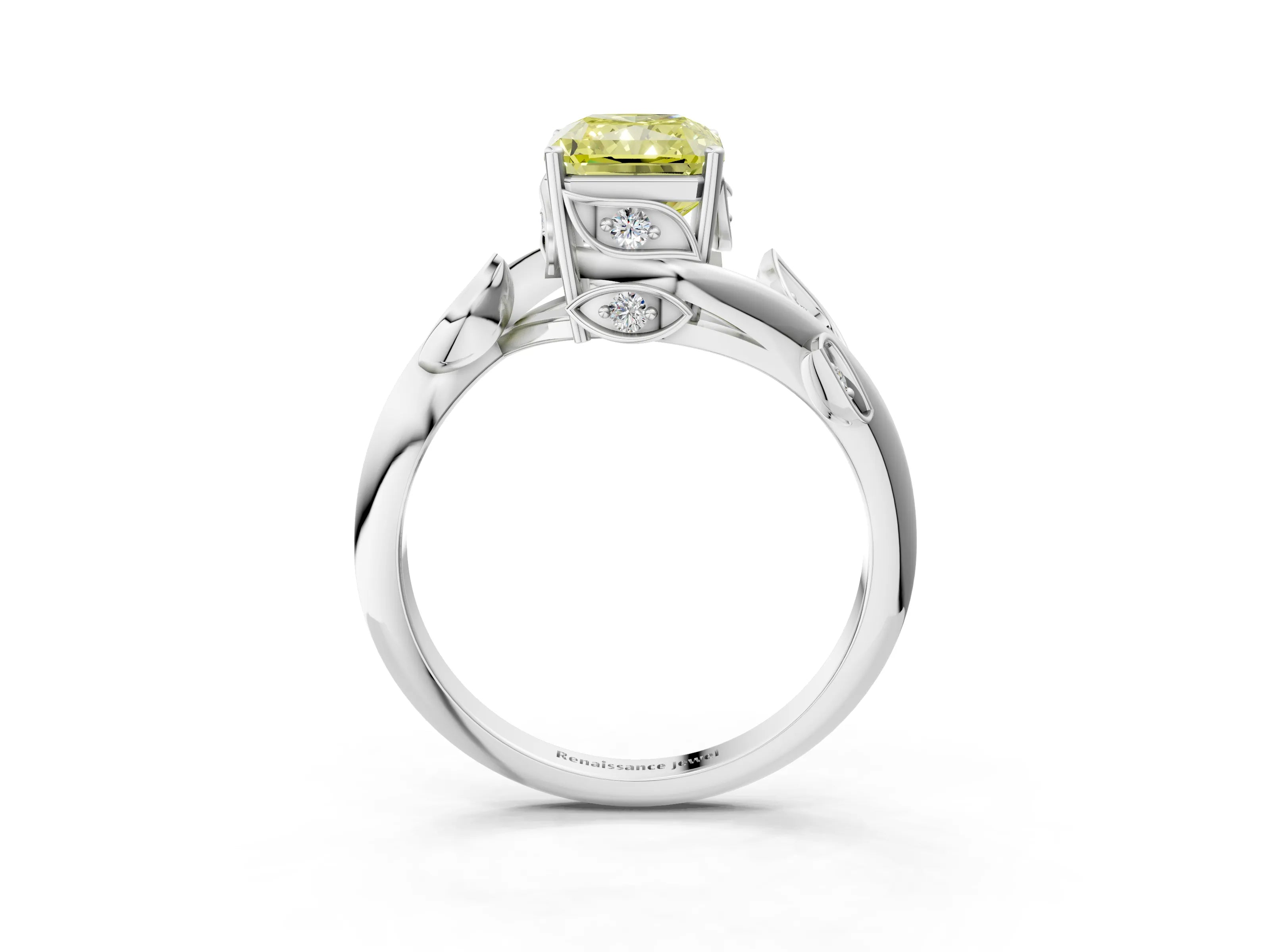 White gold Fancy Yellow Radiant Cut Solitaire Twist Engagement Ring with Leaf Accents and Prong Setting_15