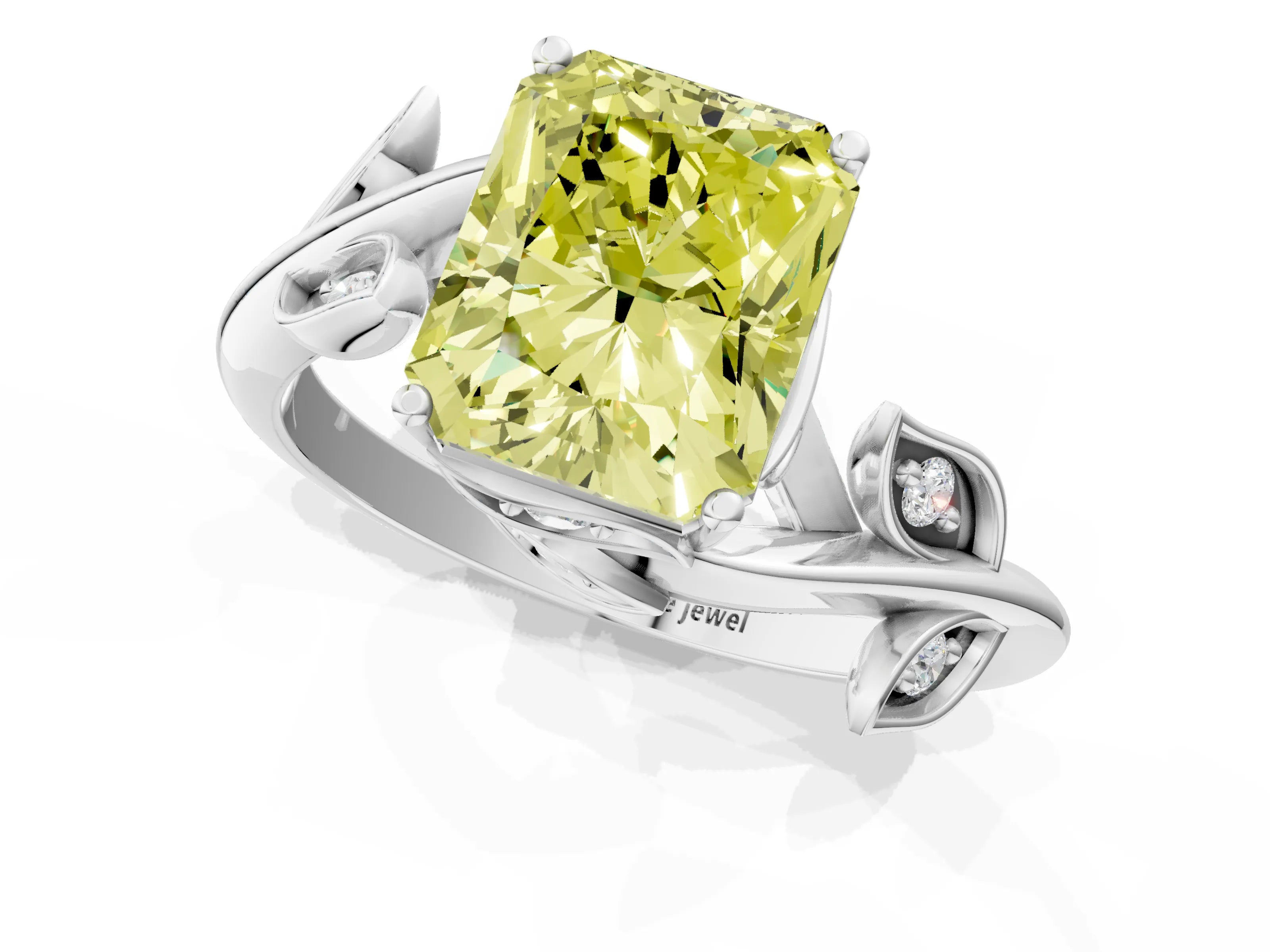 White gold Fancy Yellow Radiant Cut Solitaire Twist Engagement Ring with Leaf Accents and Prong Setting_1
