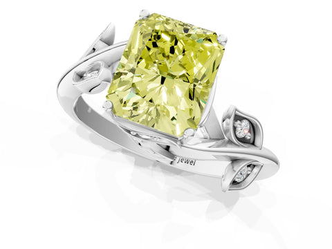 White gold Fancy Yellow Radiant Cut Solitaire Twist Engagement Ring with Leaf Accents and Prong Setting_1