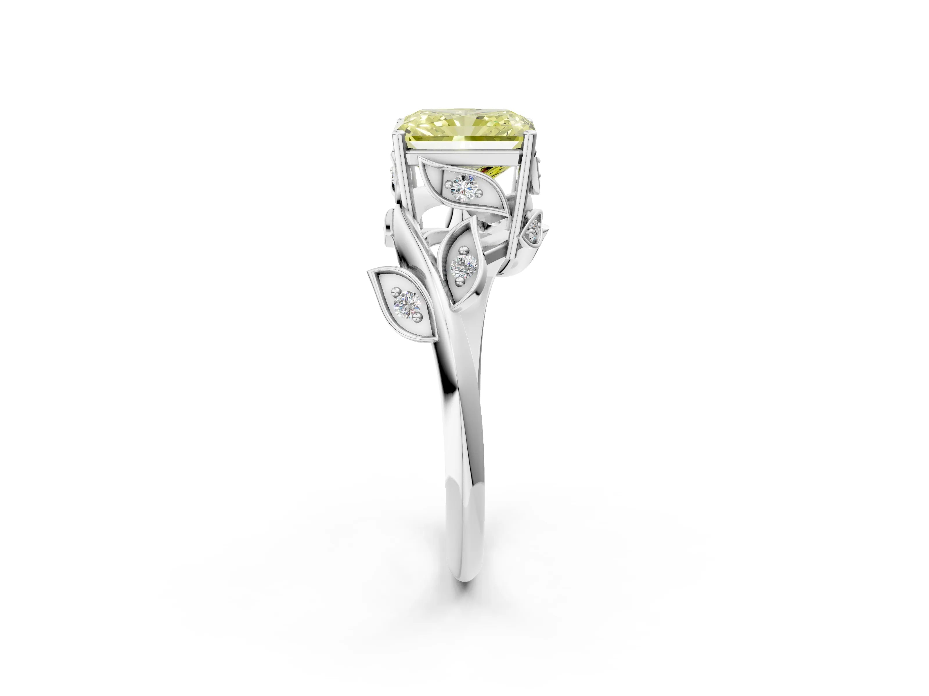 White gold Fancy Yellow Radiant Cut Solitaire Twist Engagement Ring with Leaf Accents and Prong Setting_2
