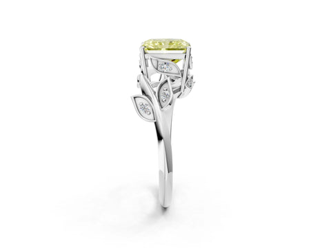 White gold Fancy Yellow Radiant Cut Solitaire Twist Engagement Ring with Leaf Accents and Prong Setting_2