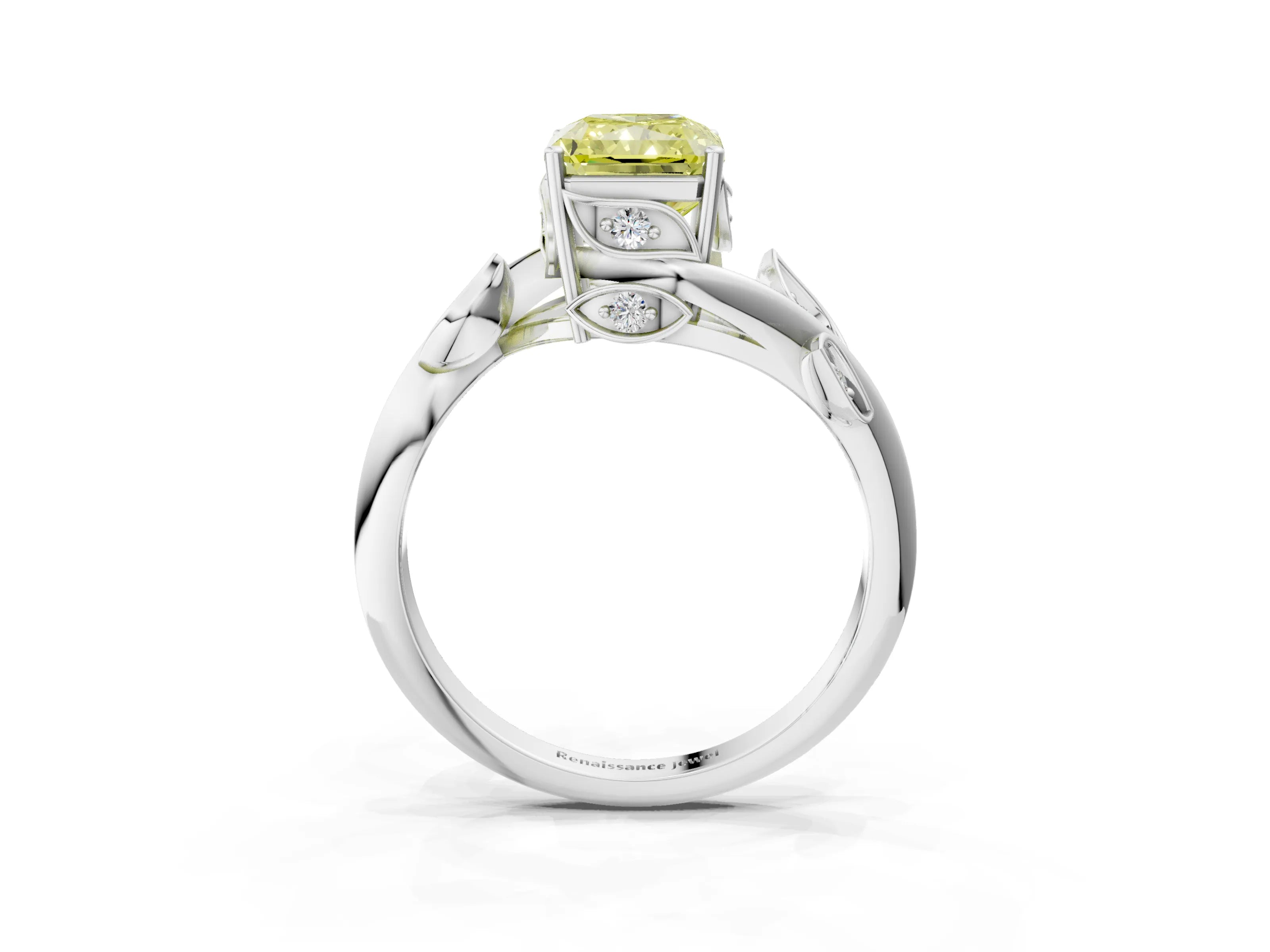 White gold Fancy Yellow Radiant Cut Solitaire Twist Engagement Ring with Leaf Accents and Prong Setting_3