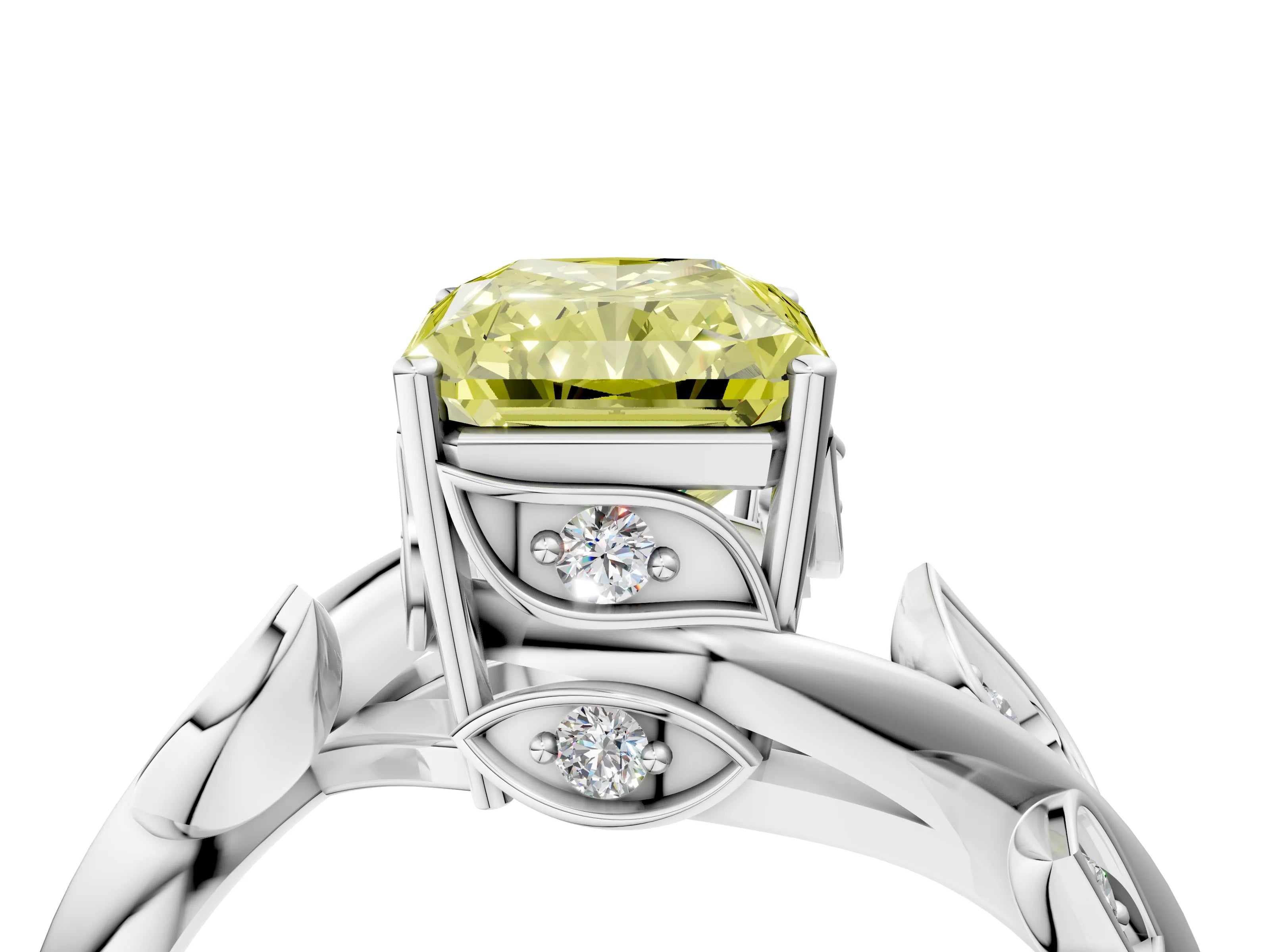 White gold Fancy Yellow Radiant Cut Solitaire Twist Engagement Ring with Leaf Accents and Prong Setting_4