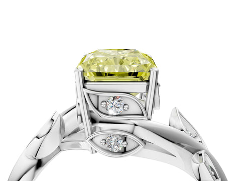 White gold Fancy Yellow Radiant Cut Solitaire Twist Engagement Ring with Leaf Accents and Prong Setting_4