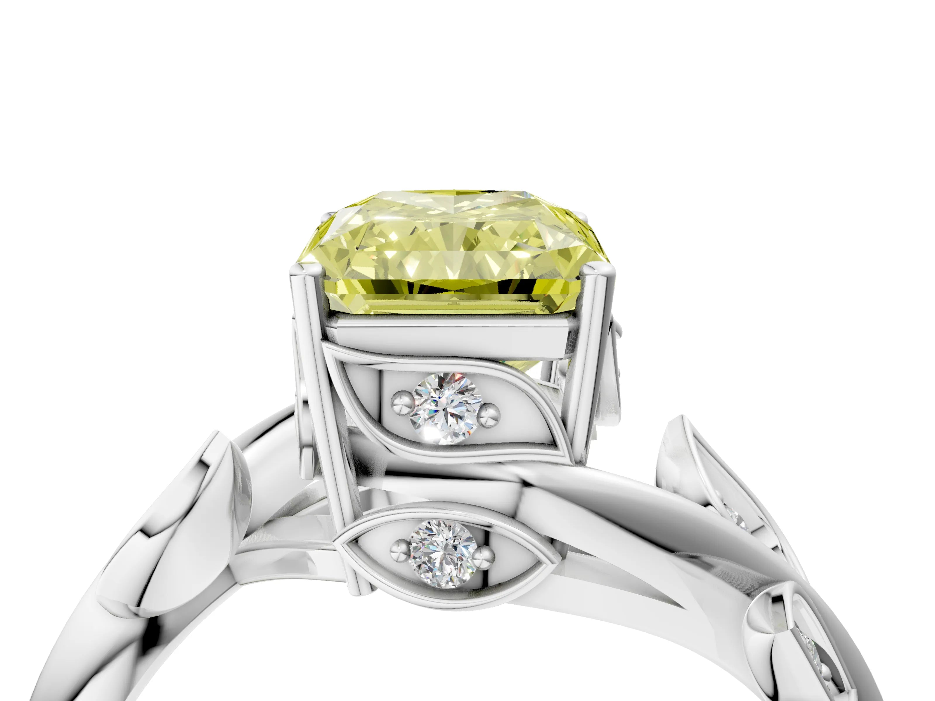 White gold Fancy Yellow Radiant Cut Solitaire Twist Engagement Ring with Leaf Accents and Prong Setting_4