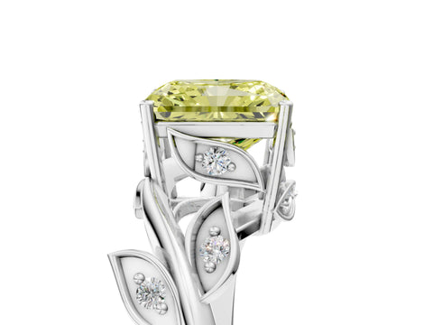 White gold Fancy Yellow Radiant Cut Solitaire Twist Engagement Ring with Leaf Accents and Prong Setting_5