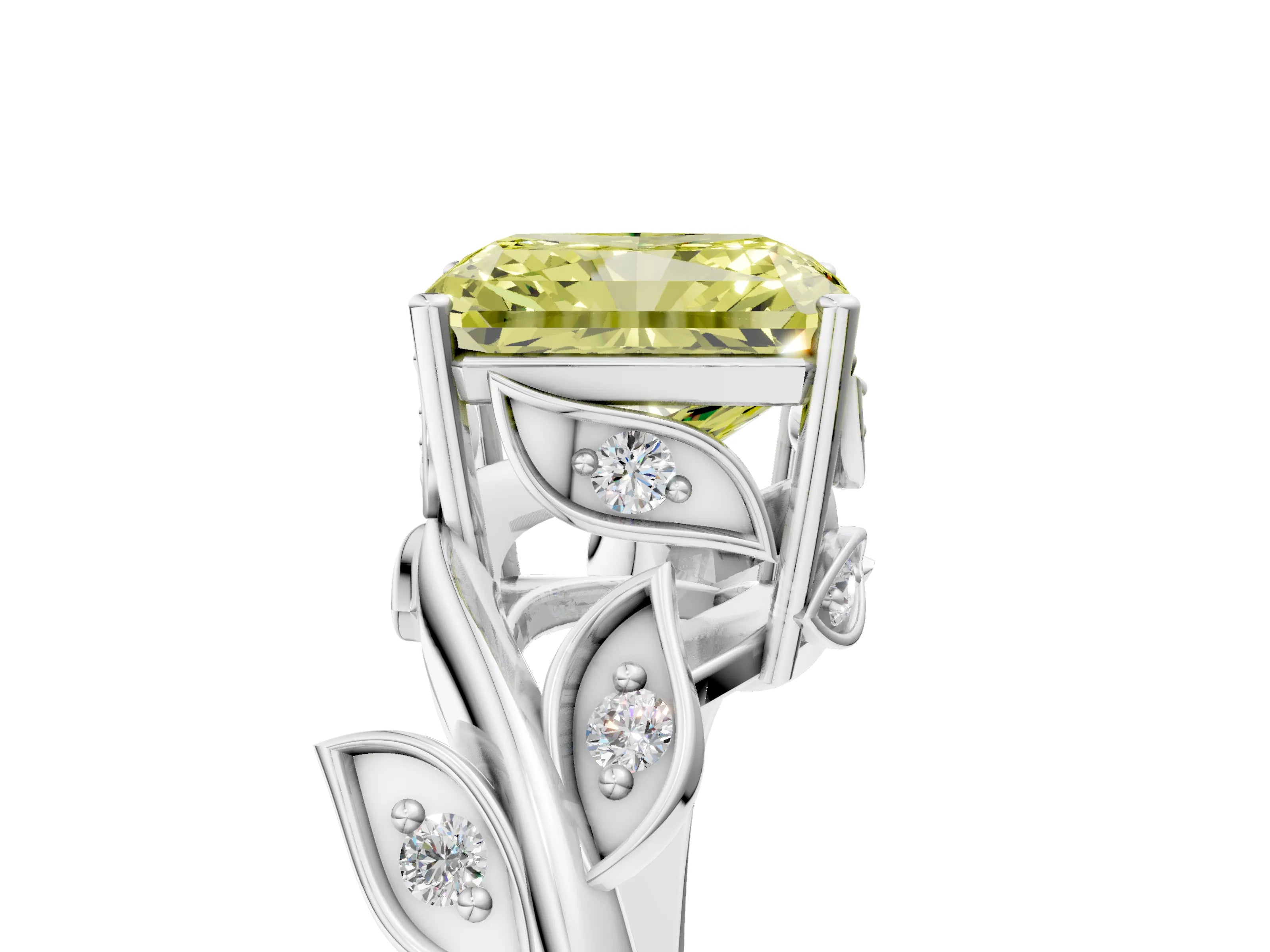 White gold Fancy Yellow Radiant Cut Solitaire Twist Engagement Ring with Leaf Accents and Prong Setting_5