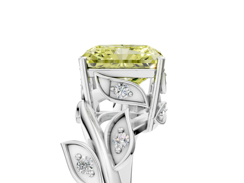 White gold Fancy Yellow Radiant Cut Solitaire Twist Engagement Ring with Leaf Accents and Prong Setting_5